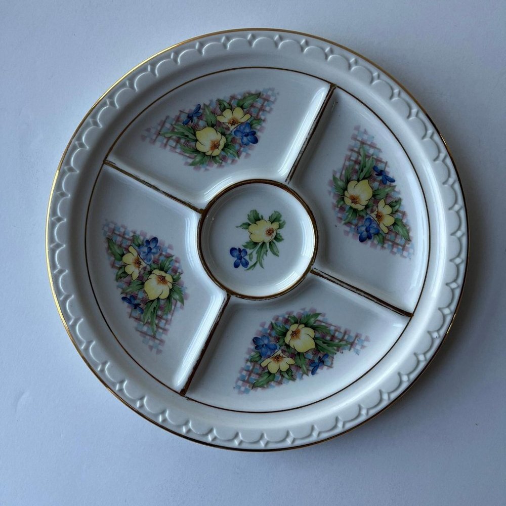 Vintage Syracuse China Floral Divided Dish - 22 Karat Gold Accent